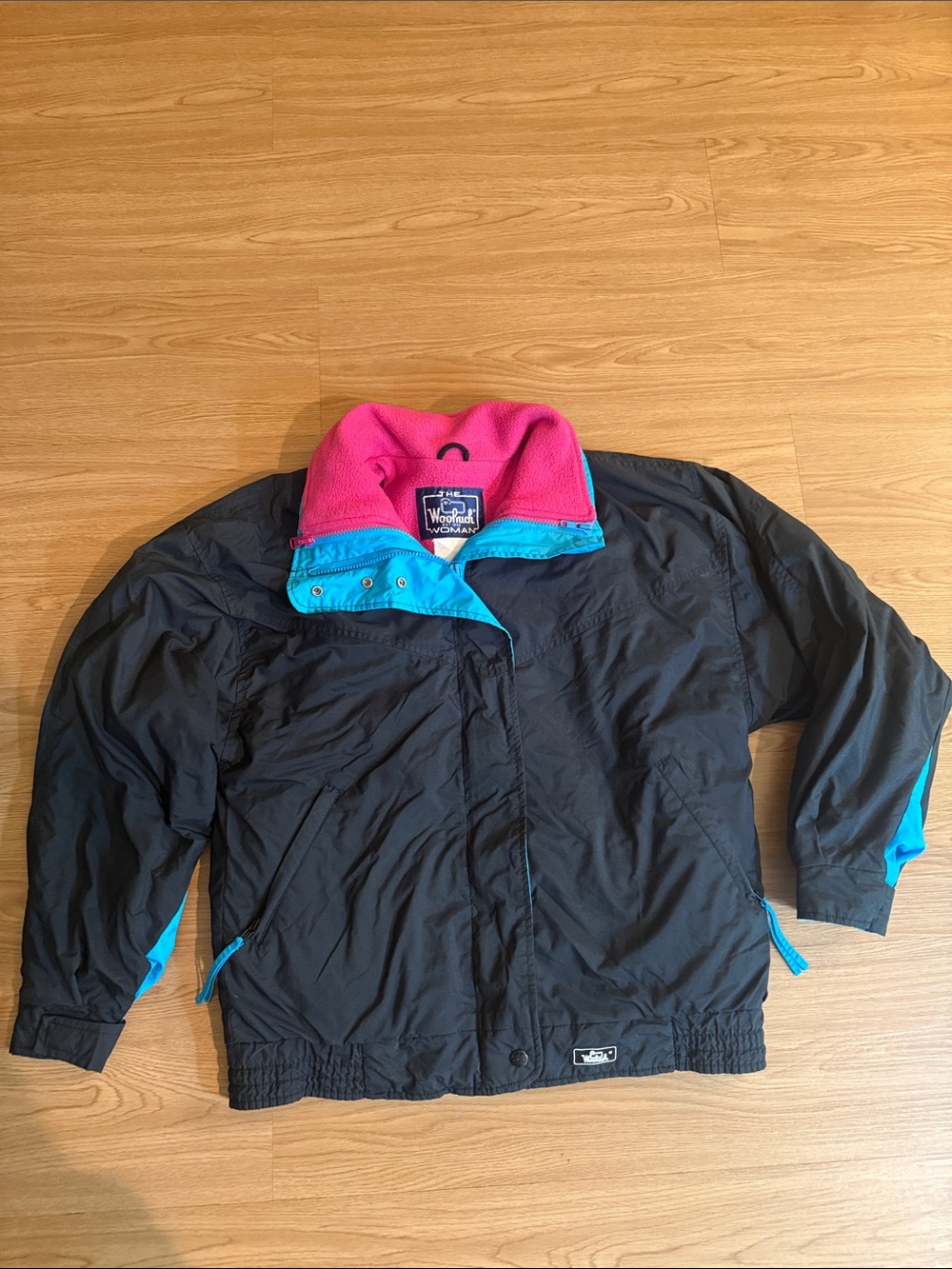 Woolrich Black Vintage Jacket with Pink removable Fleece lining and Teal Trim